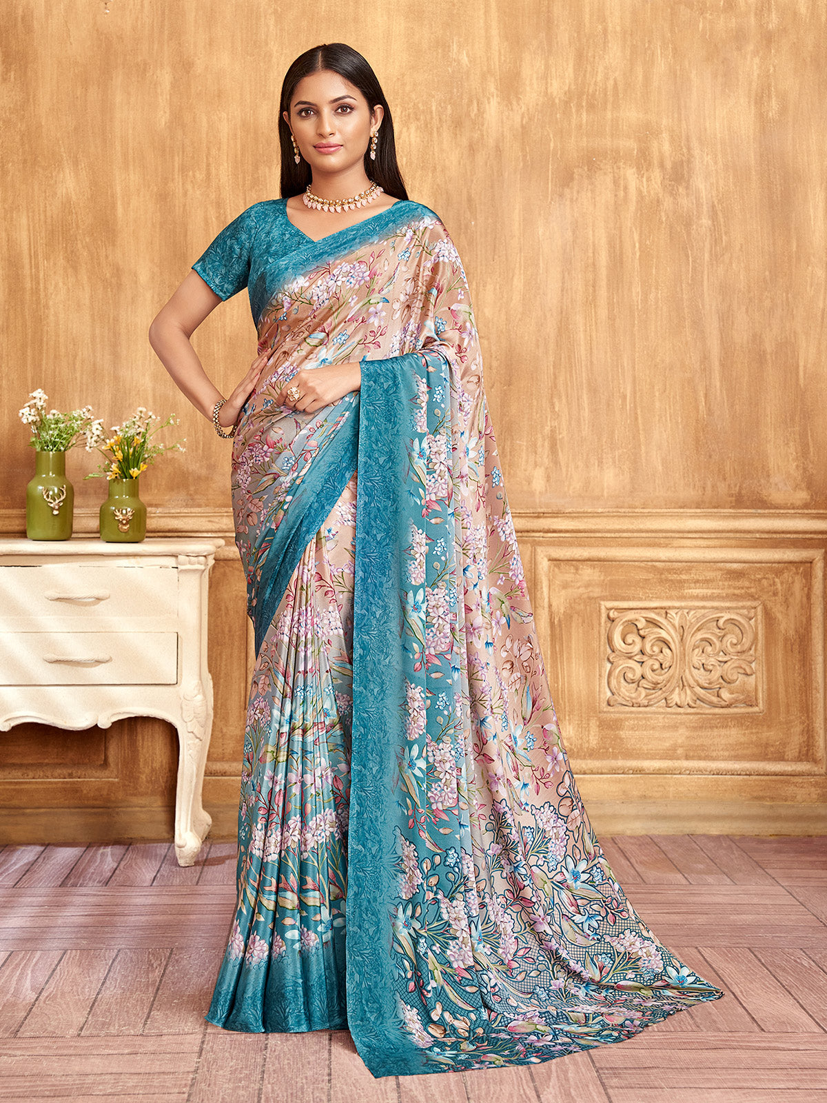 Blue and beige floral printed shaded satin crepe silk saree