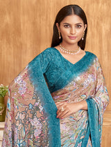 Blue and beige floral printed shaded satin crepe silk saree