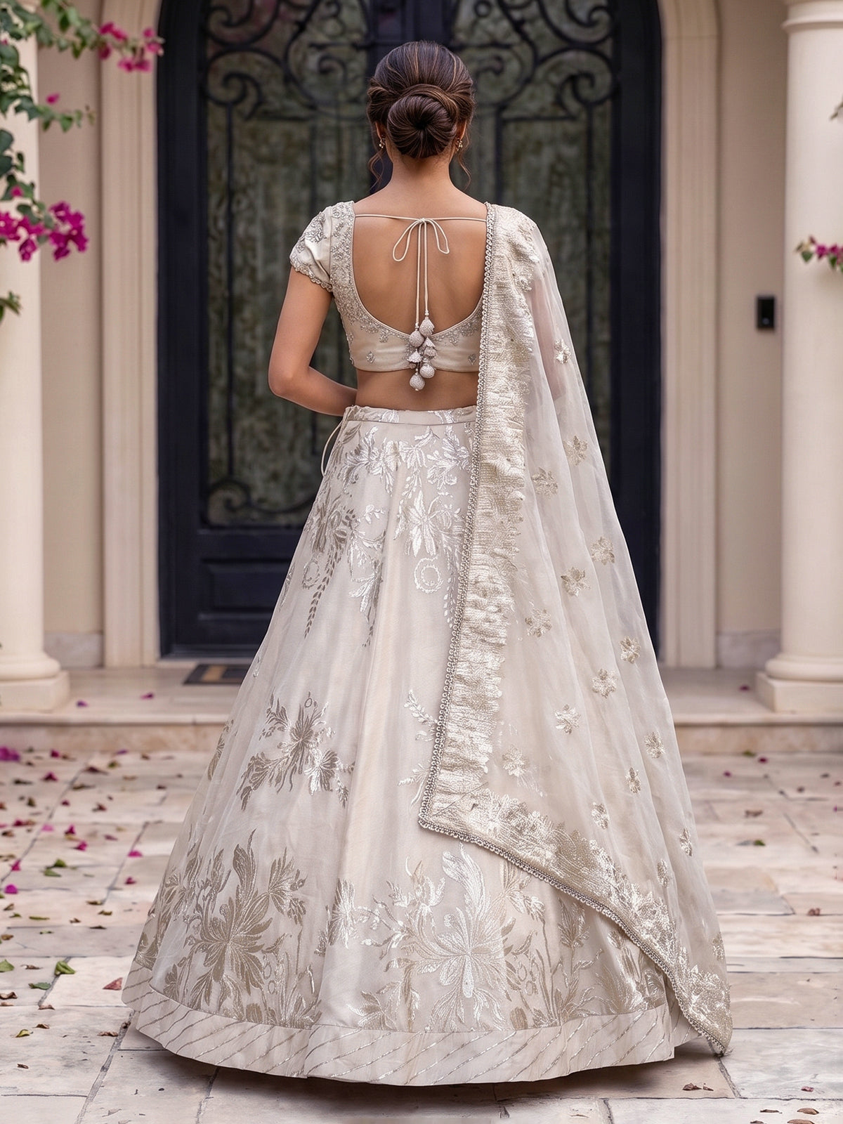 Cream tissue silk bridal lehenga choli