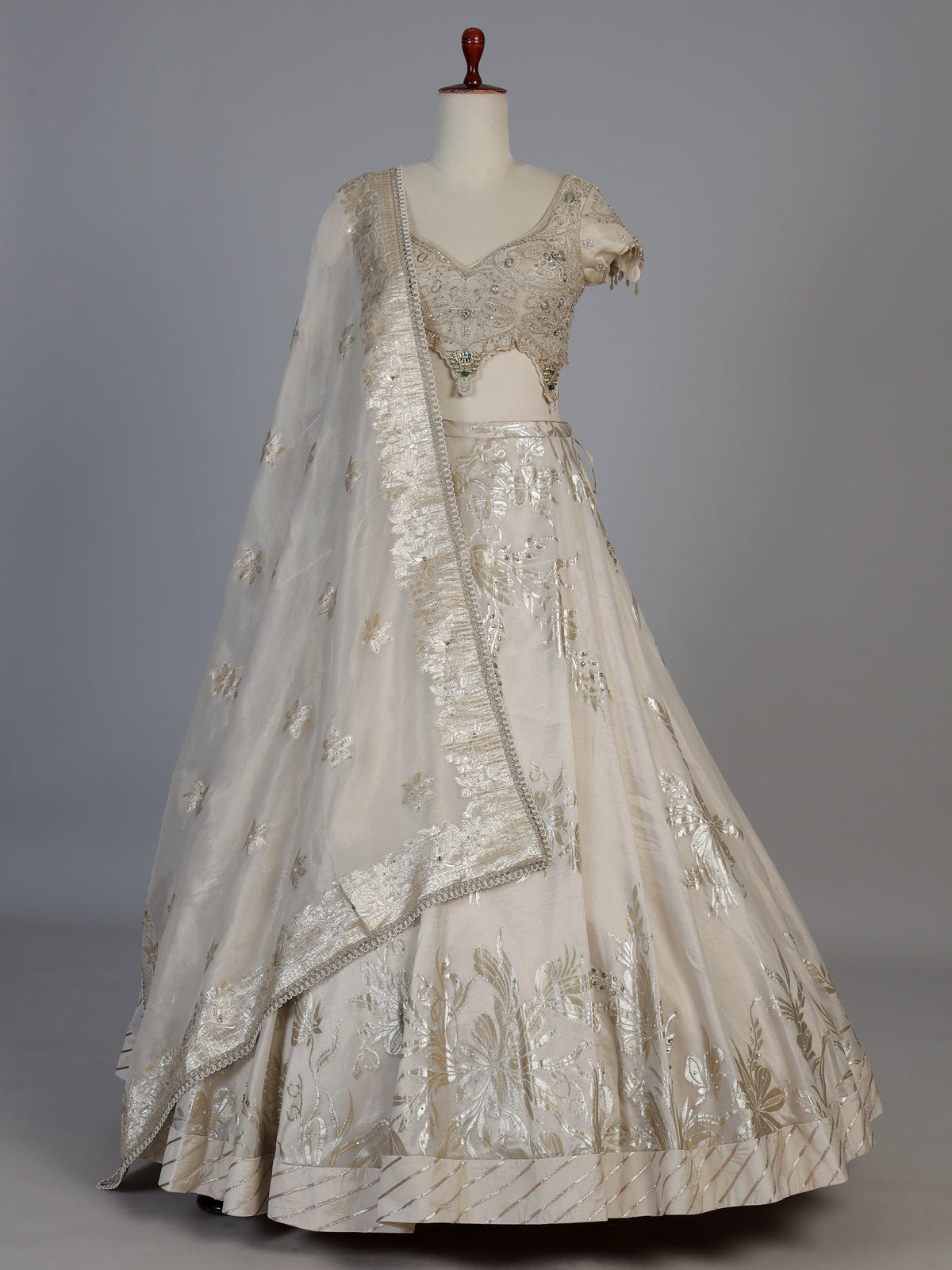 Cream tissue silk bridal lehenga choli