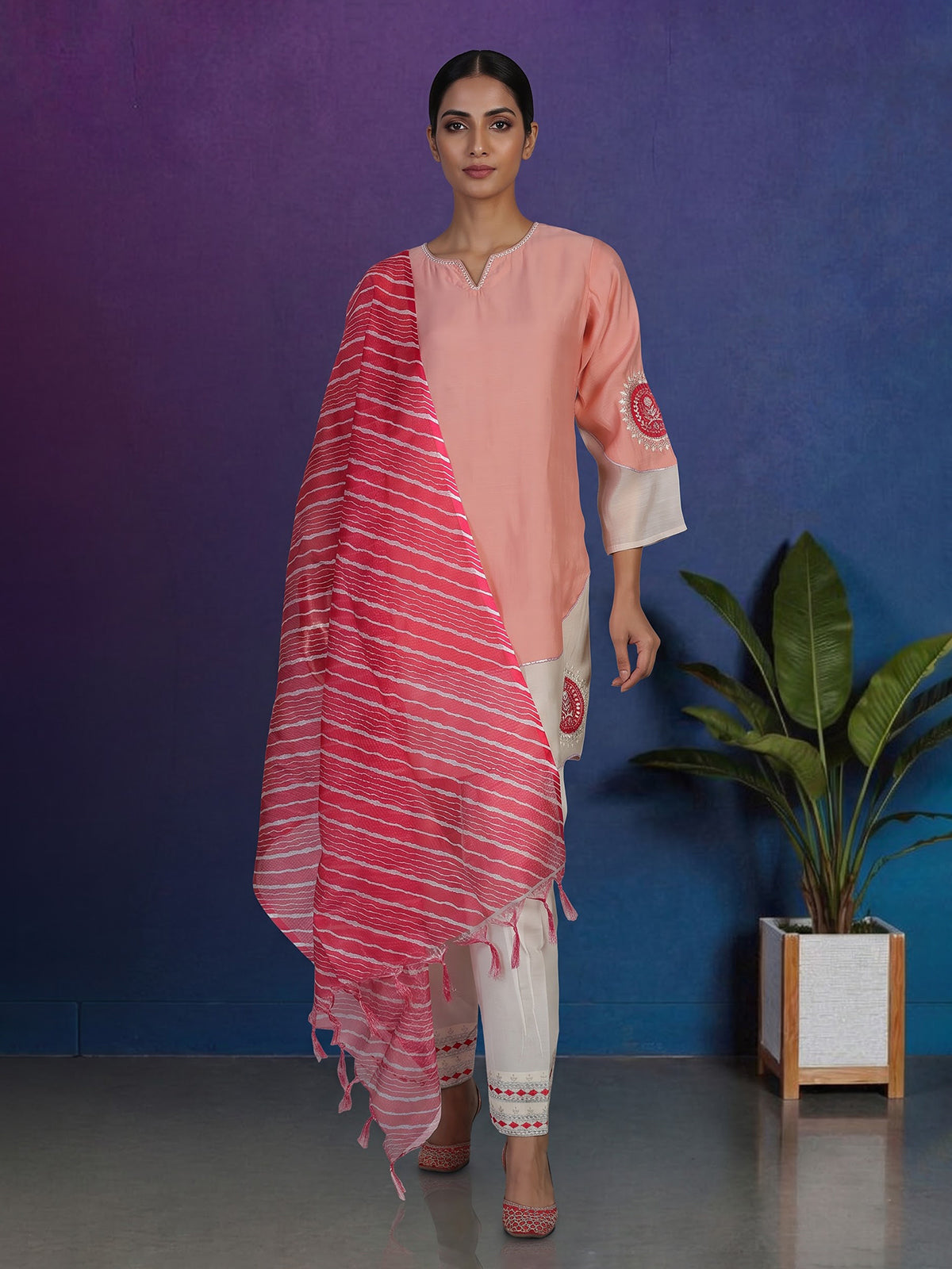 Peach tissue salwar suit with sweetheart neckline