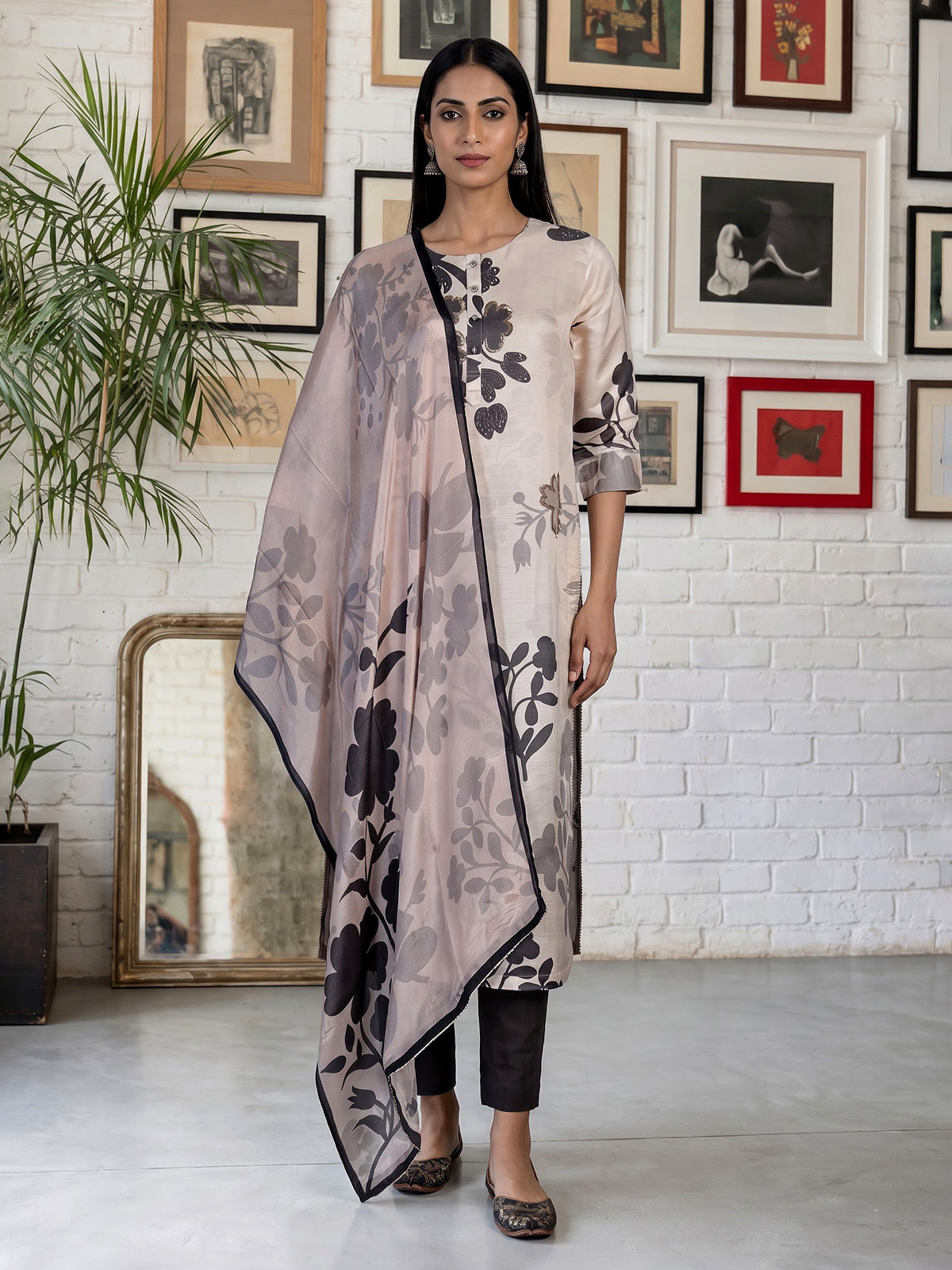 Cream grey silk printed kurti set with zardosi and diamond embellishments