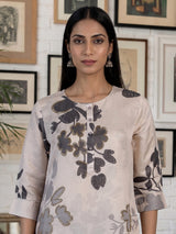 Cream grey silk printed kurti set with zardosi and diamond embellishments