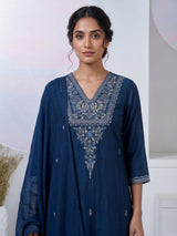 Rama blue silk yoke style kurti set with aabla and beadwork