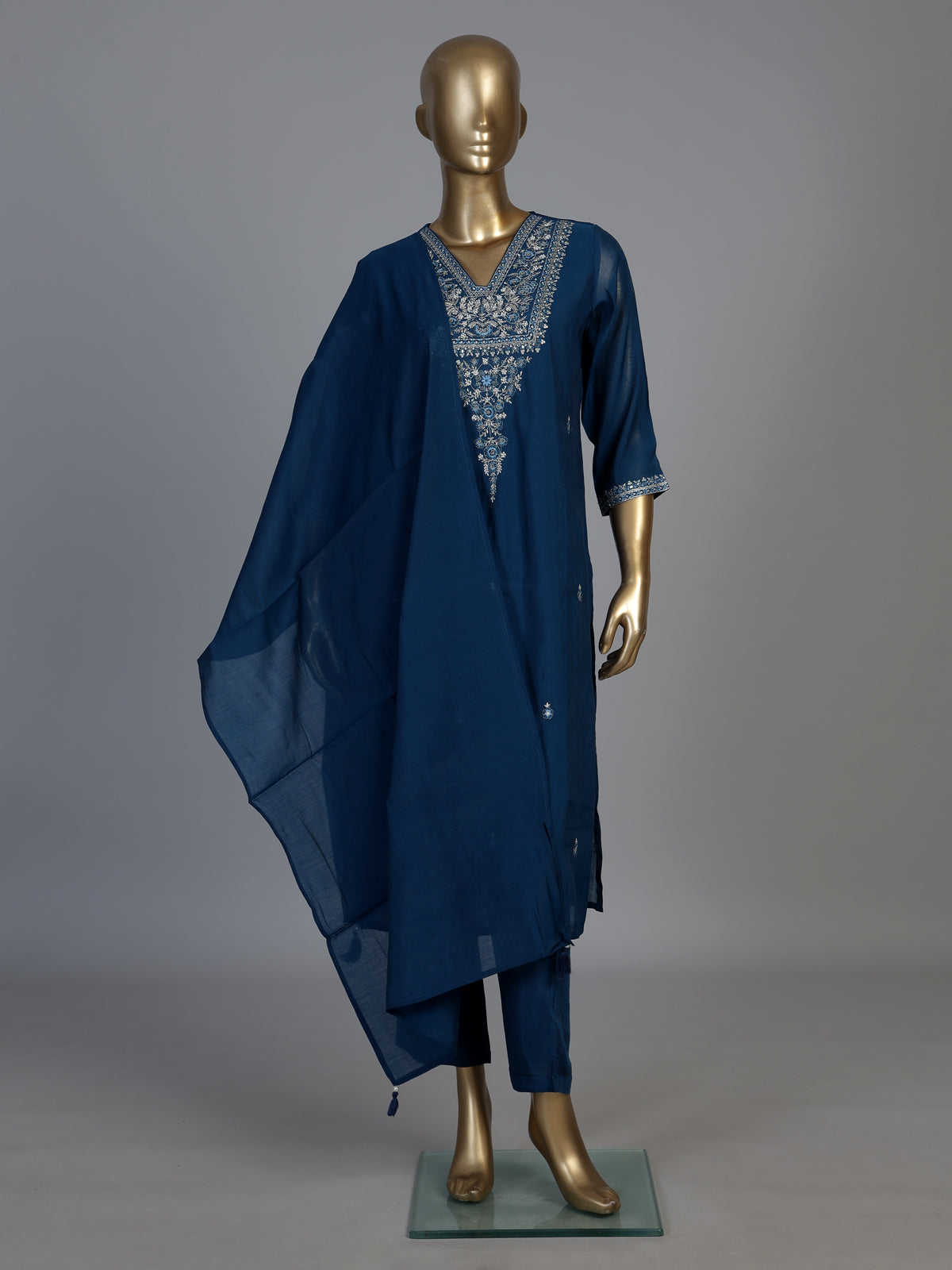 Rama blue silk yoke style kurti set with aabla and beadwork