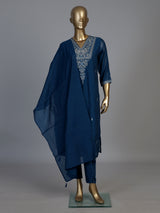 Rama blue silk yoke style kurti set with aabla and beadwork