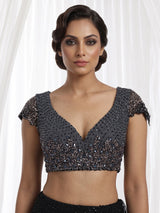 Black net designer saree with floral sequin embellishments