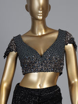 Black net designer saree with floral sequin embellishments