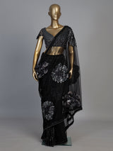 Black net designer saree with floral sequin embellishments