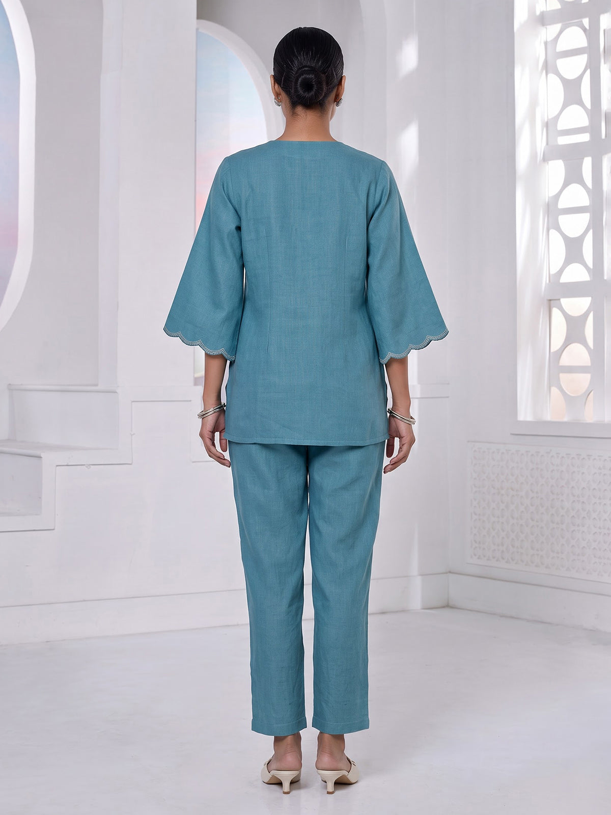 Aqua blue linen co ord set with embroidered cutwork yoke detailing