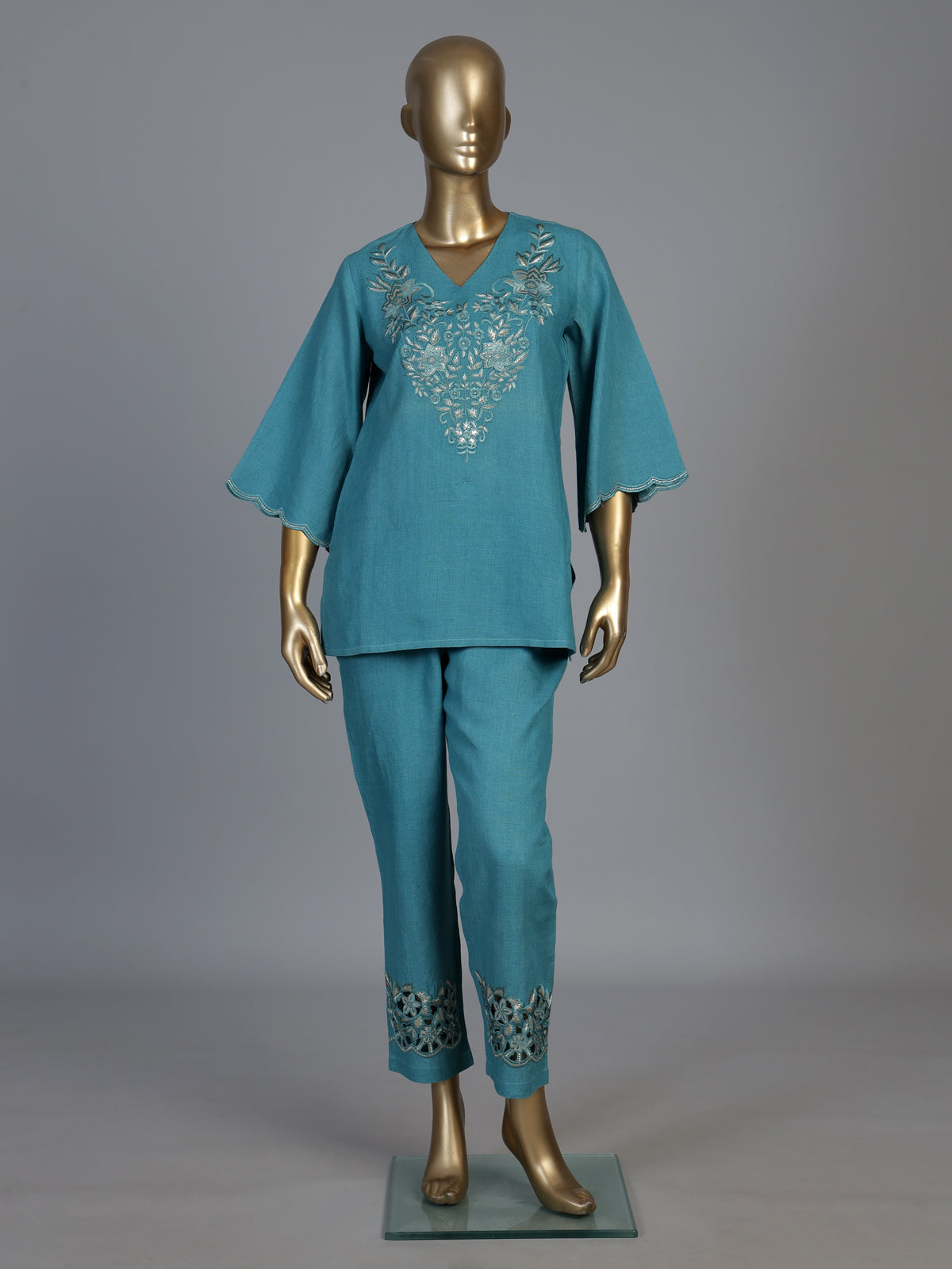 Aqua blue linen co ord set with embroidered cutwork yoke detailing