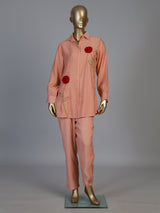 Peach tissue silk co ord set with thread detailing and pants