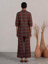 Grey silk printed co ord set with collar neck quarter sleeves