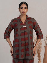 Grey silk printed co ord set with collar neck quarter sleeves