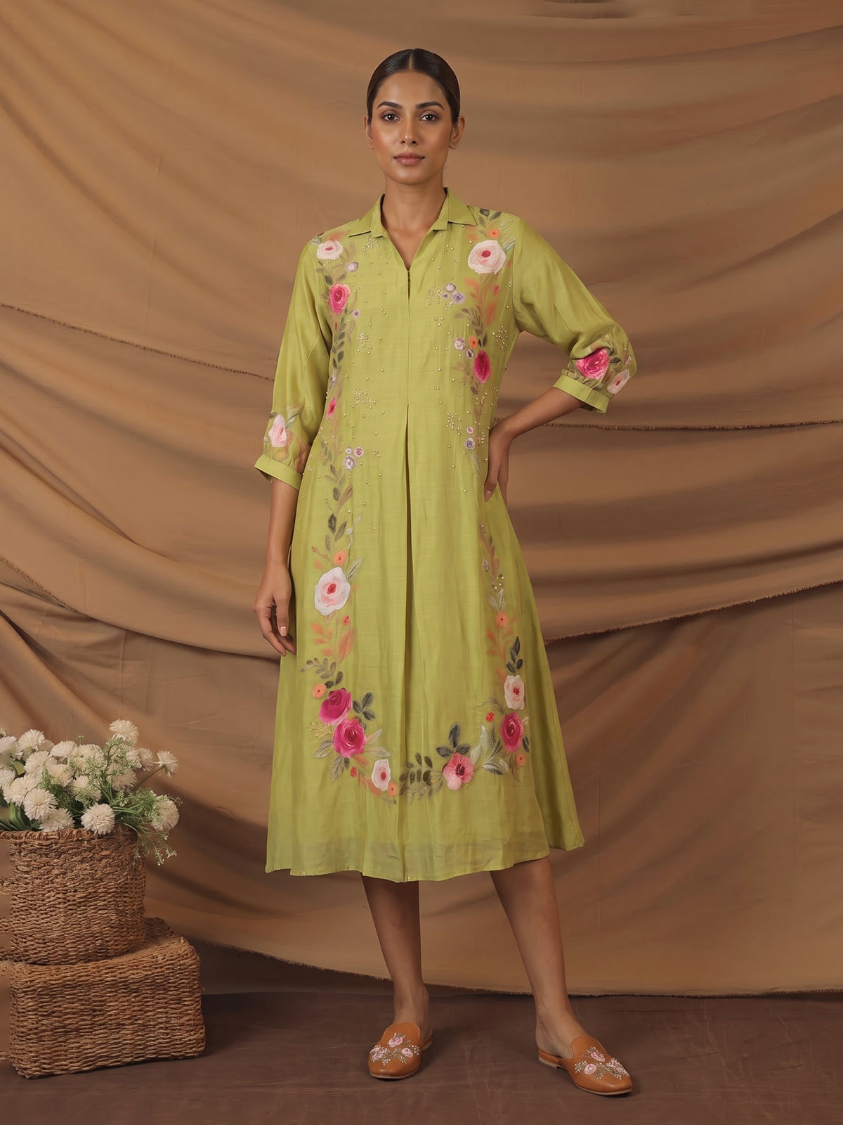 Mehendi green silk floral kurti with zardosi work