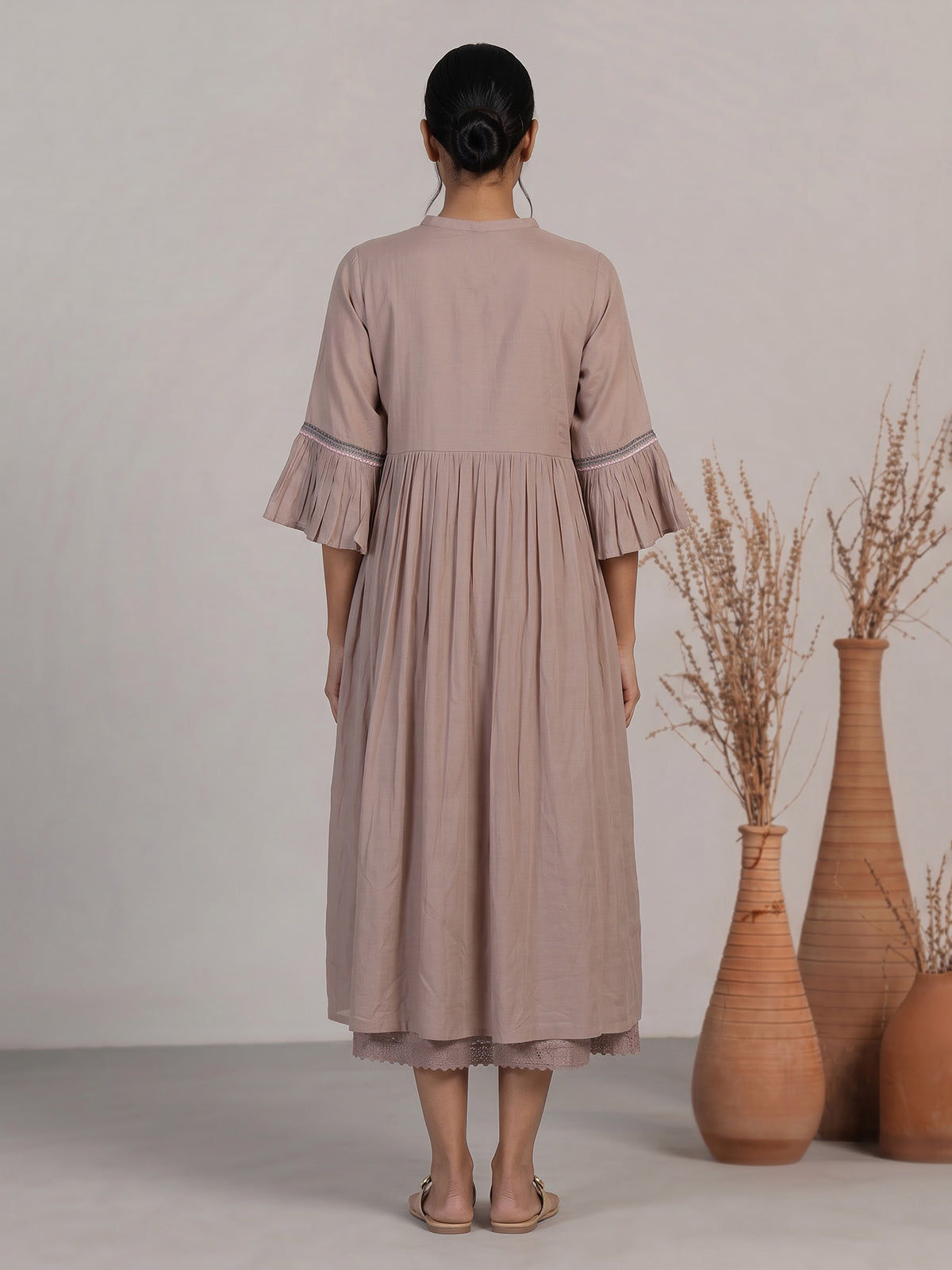 Dark beige silk kurti with embroidered detailing
