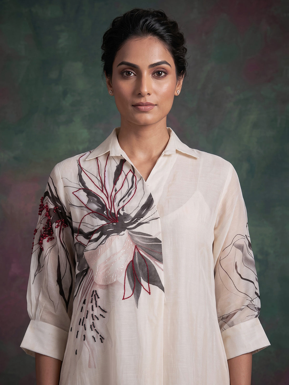 White linen blend floral kurti with cutdana detailing