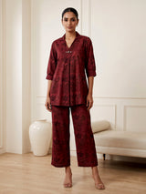 Maroon cotton silk printed designer palazzo co ord set