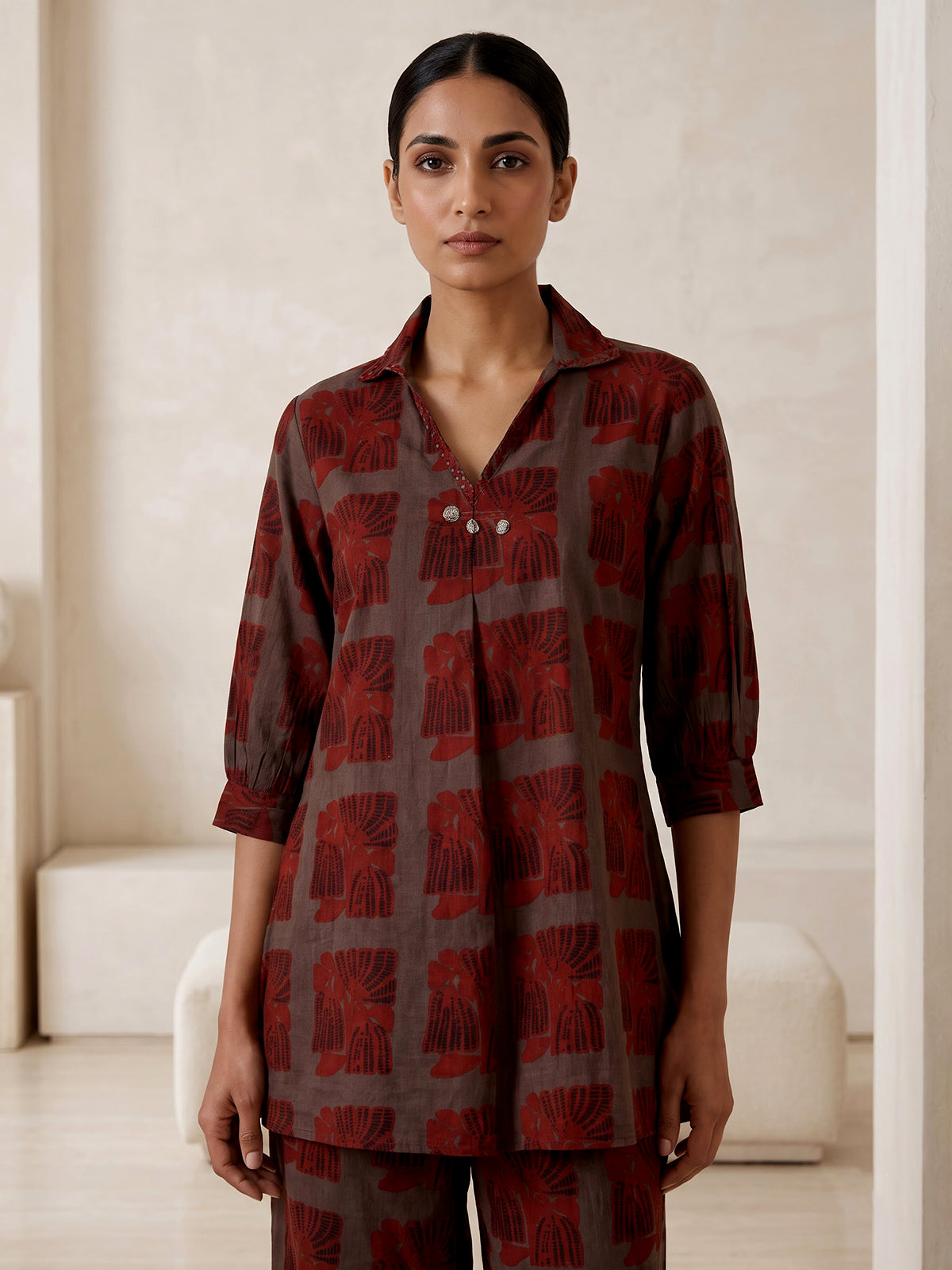 Grey cotton silk printed casual palazzo co ord set