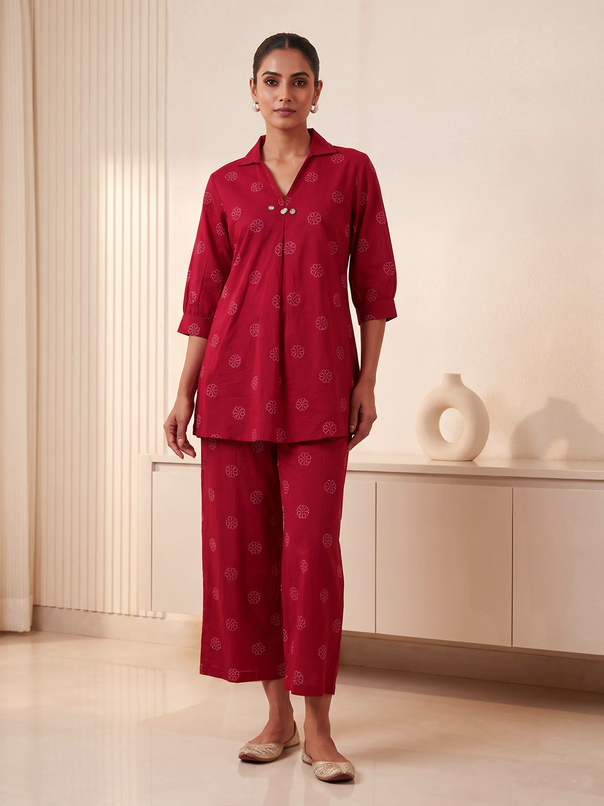 Maroon cotton silk printed casual palazzo co ord set