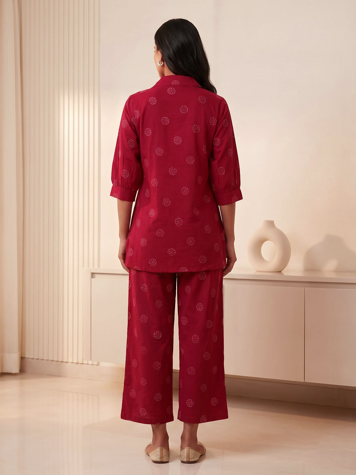 Maroon cotton silk printed casual palazzo co ord set