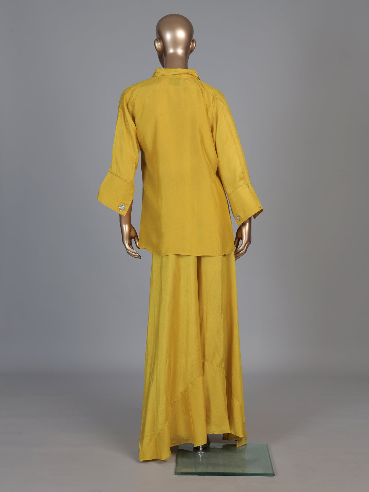 Mustard yellow crepe silk festive designer palazzo co ord set