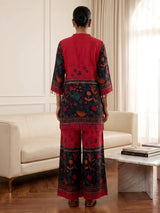 Red silk printed three piece palazzo co ord set