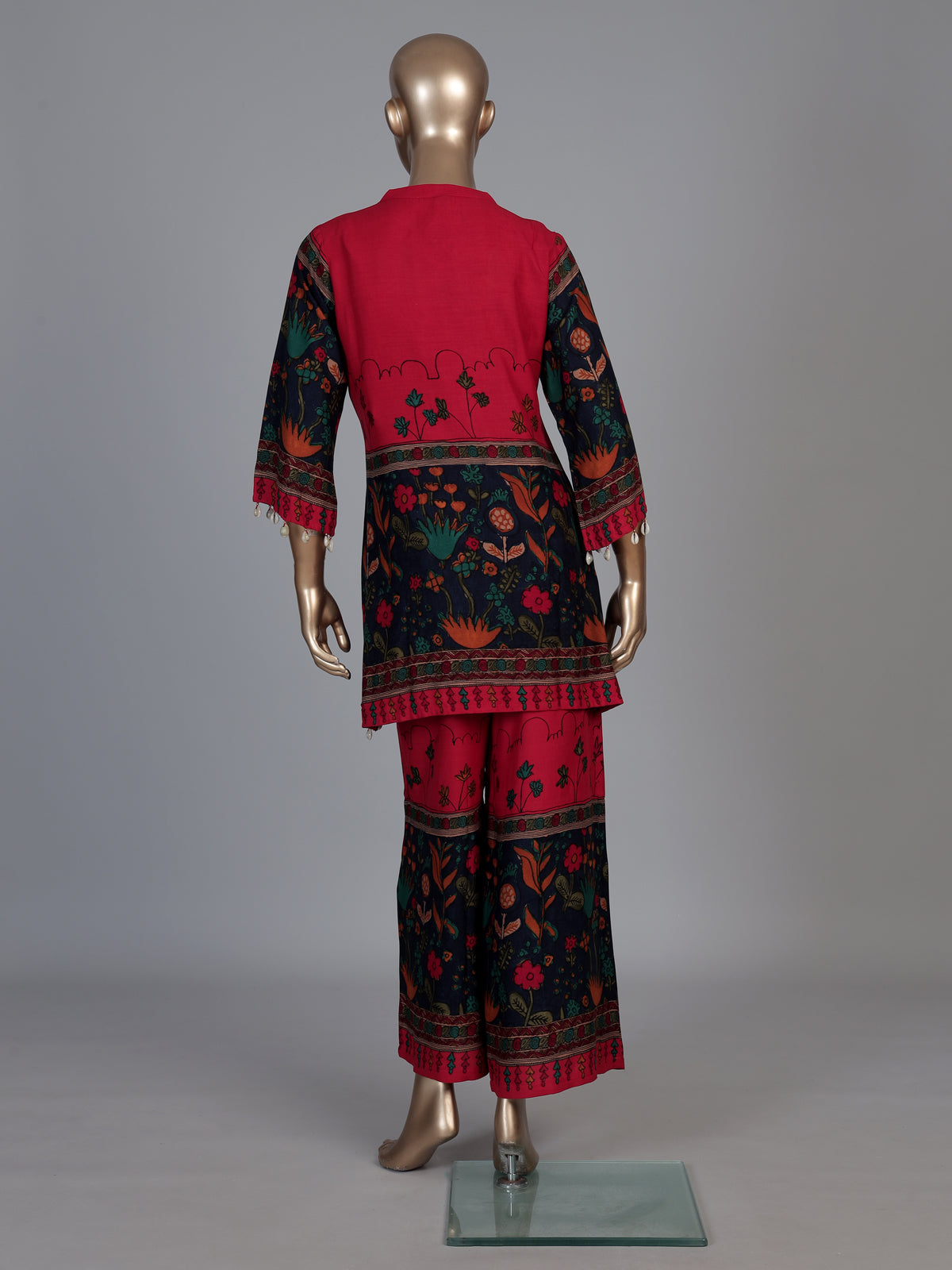 Red silk printed three piece palazzo co ord set