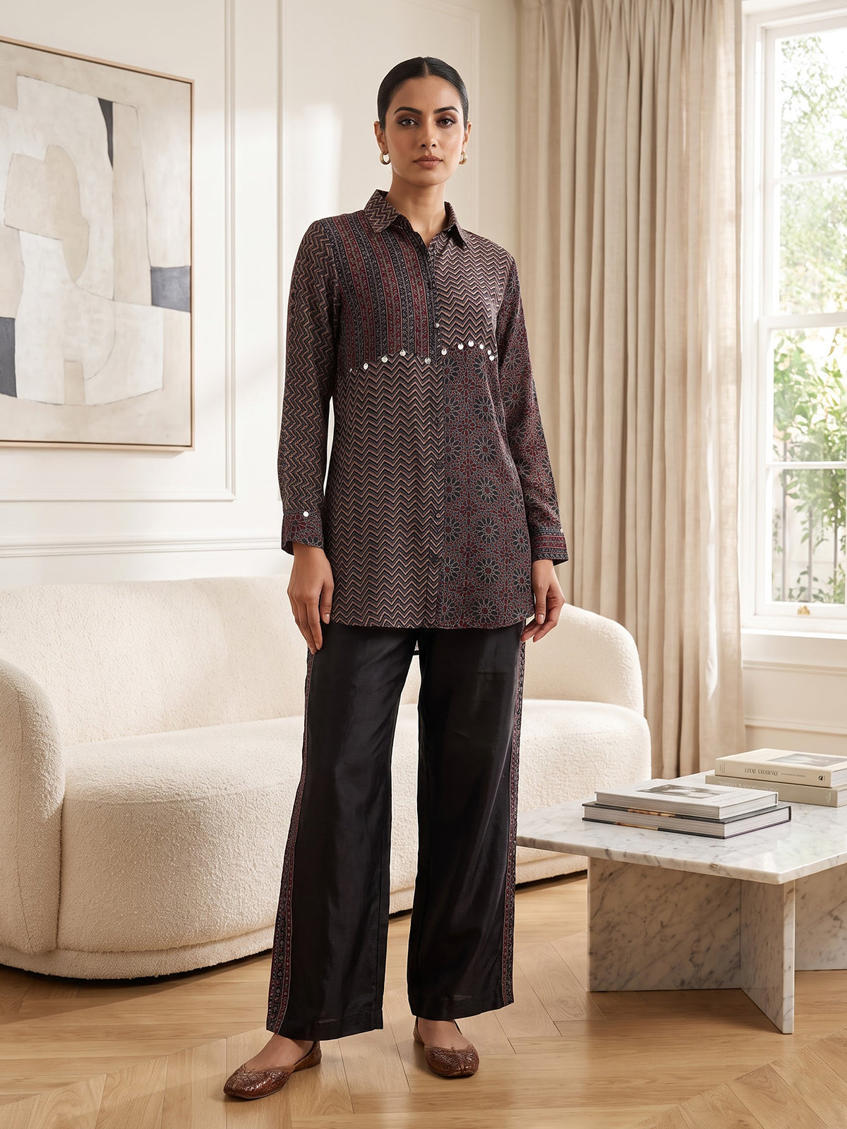 Black crepe silk printed casual palazzo co ord set