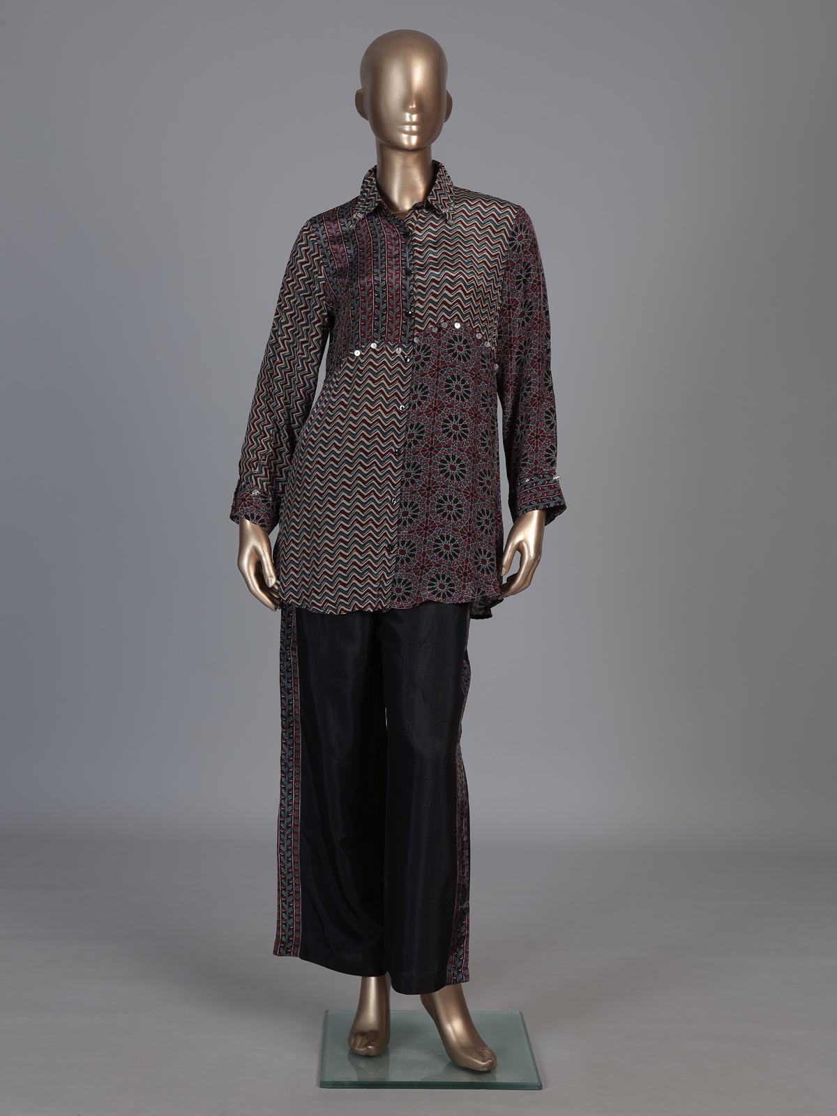 Black crepe silk printed casual palazzo co ord set
