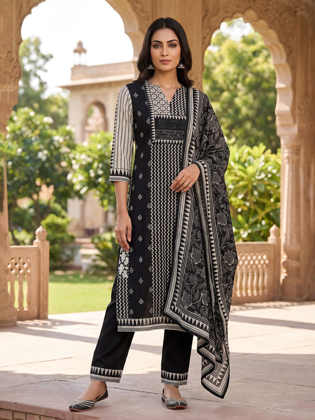 Black silk printed festive kurti set with dupatta