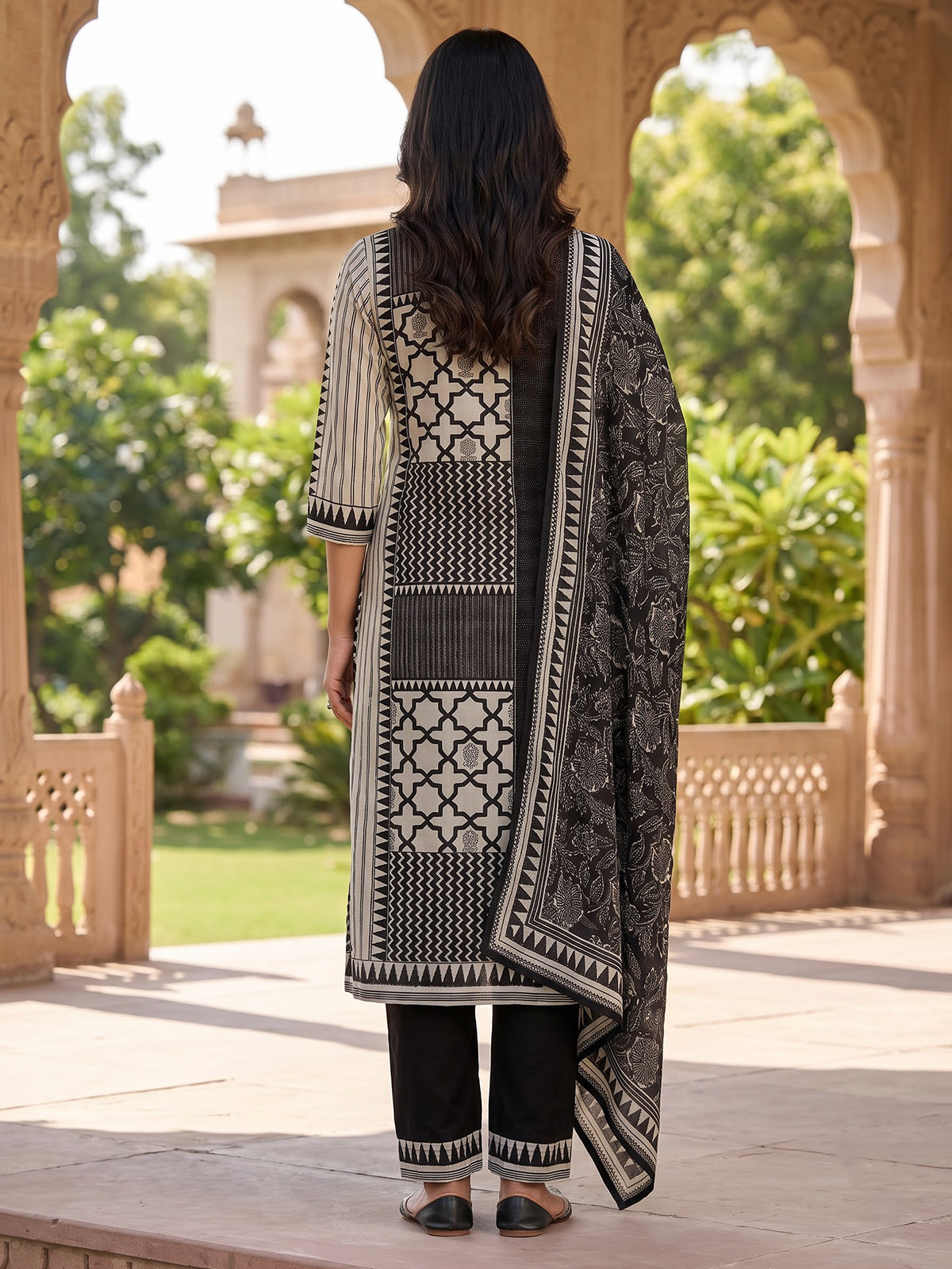 Black silk printed festive kurti set with dupatta