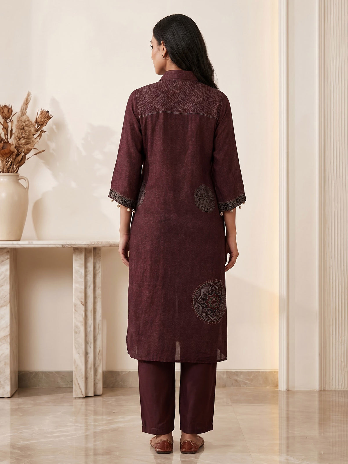 Brown crepe silk printed festive kurti set