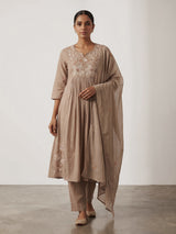 Beige cotton embroidered festive kurti set