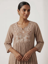 Beige cotton embroidered festive kurti set