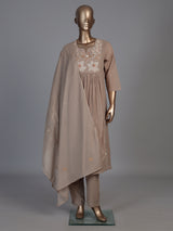 Beige cotton embroidered festive kurti set