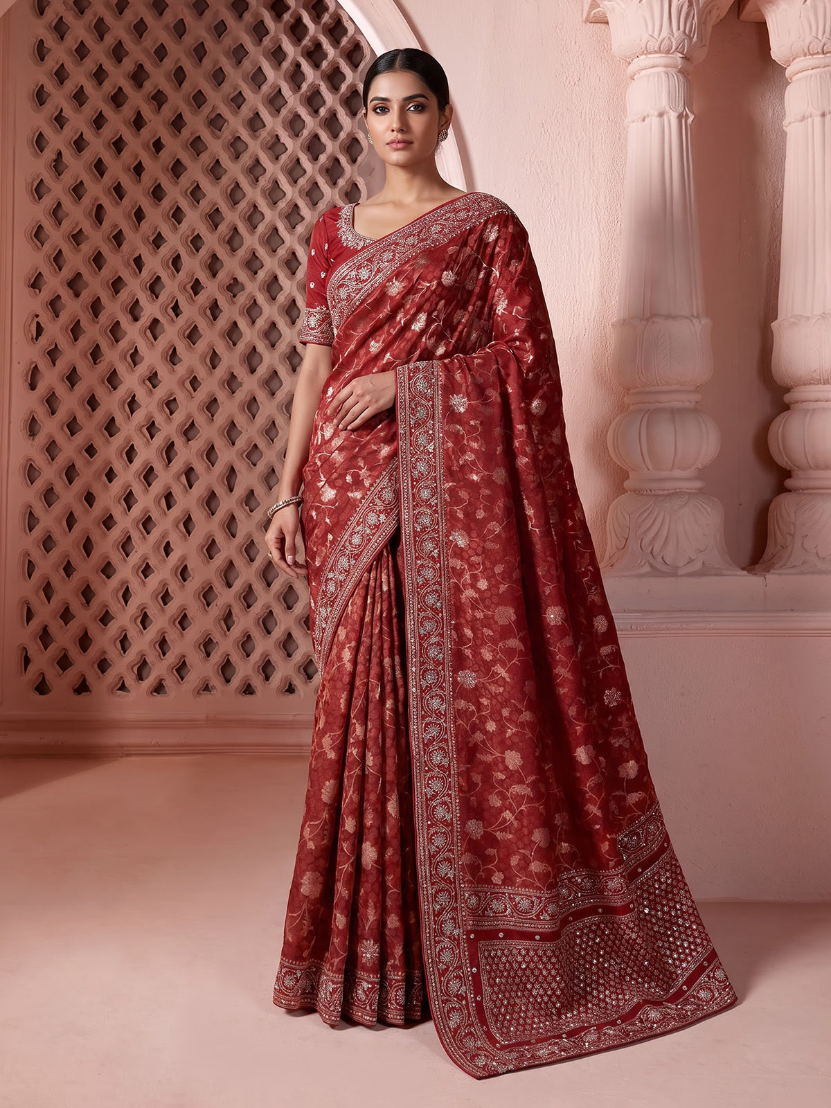 Maroon shimmer tissue silk floral festive saree women