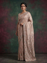 Pastel beige tissue silk bird motif festive saree women