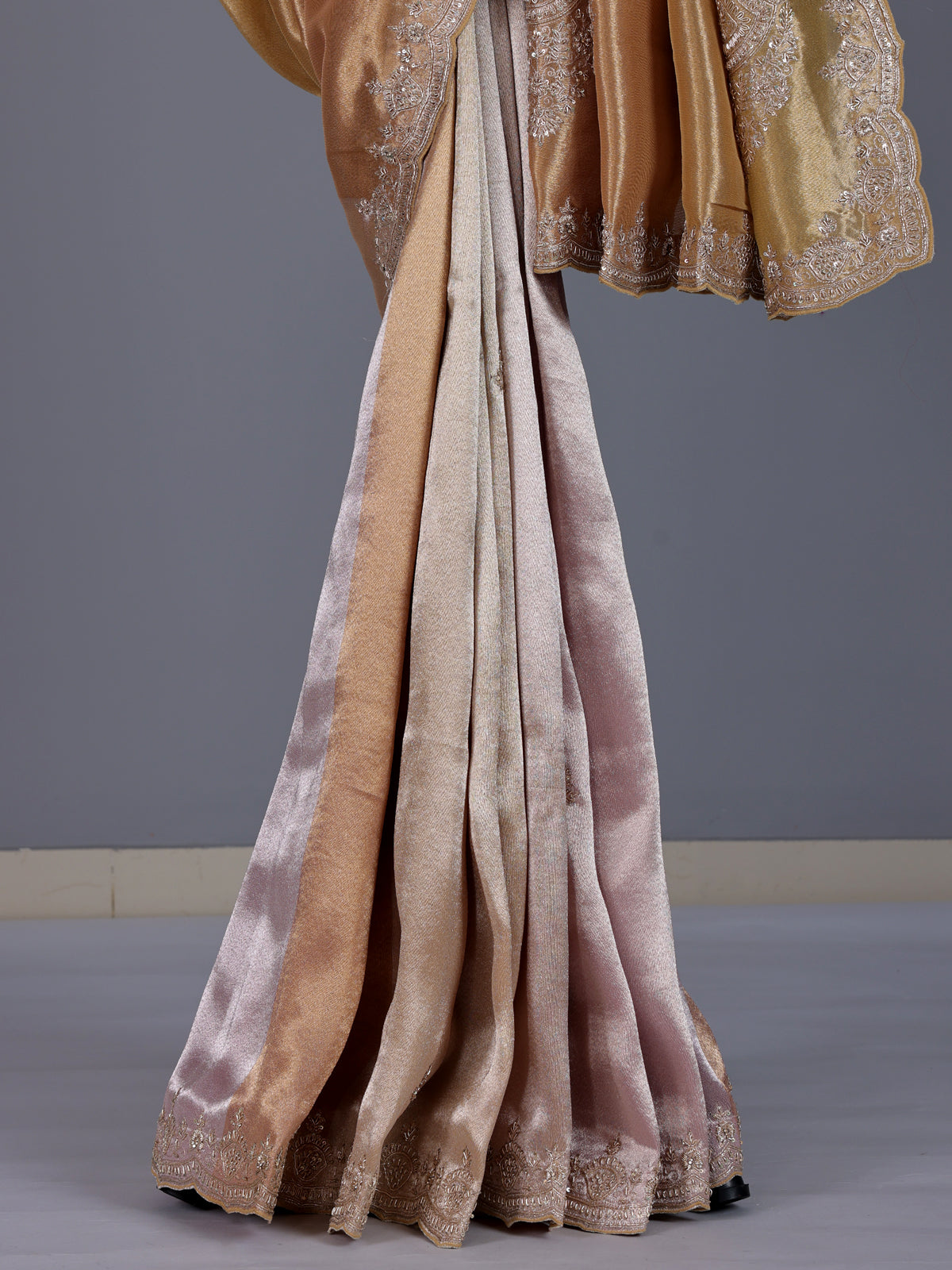 Pastel pink ziraf tissue silk color block festive saree