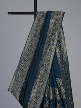Teal blue dola silk saree with floral tassel designer work