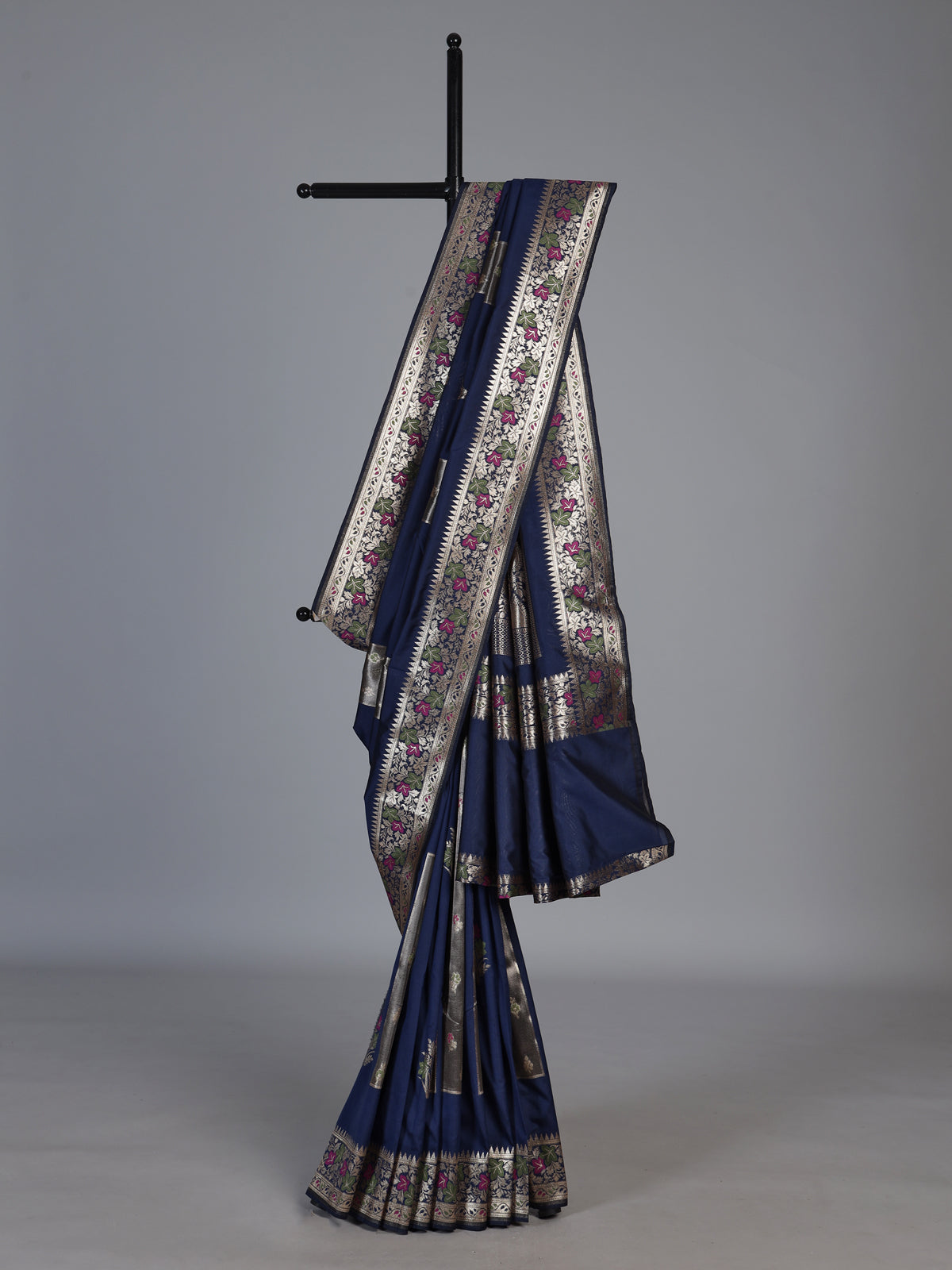 Navy paithani silk saree with elegant floral zari design