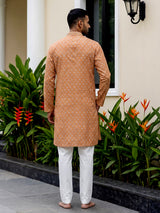 Wine cotton silk printed festive kurta suit for men with classic mandarin collar