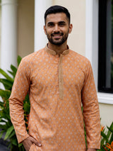 Wine cotton silk printed festive kurta suit for men with classic mandarin collar