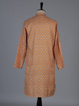 Wine cotton silk printed festive kurta suit for men with classic mandarin collar