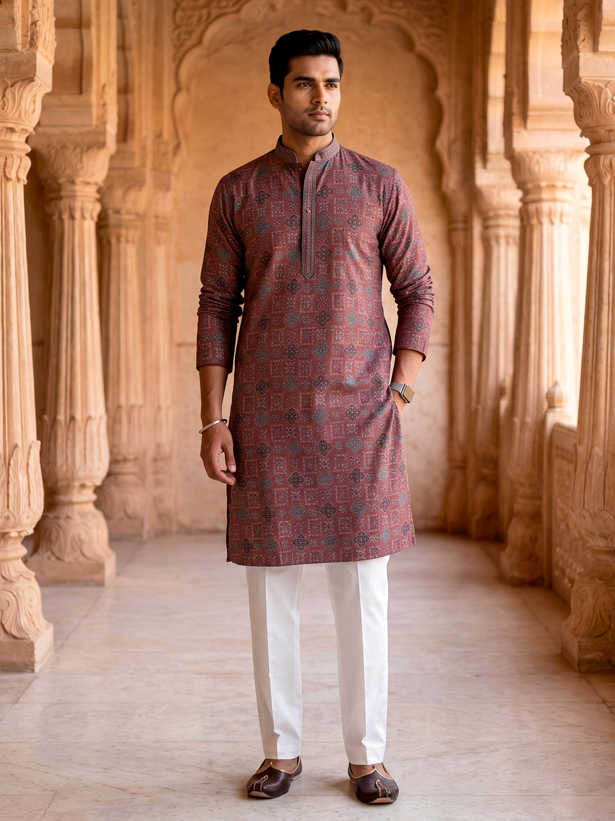 Peach cotton silk printed festive kurta suit for men with elegant mandarin collar