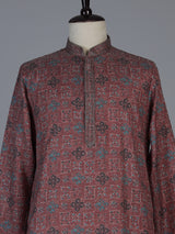 Peach cotton silk printed festive kurta suit for men with elegant mandarin collar