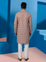 Brown silk printed festive kurta suit for men with mandarin collar elegance