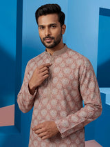 Brown silk printed festive kurta suit for men with mandarin collar elegance