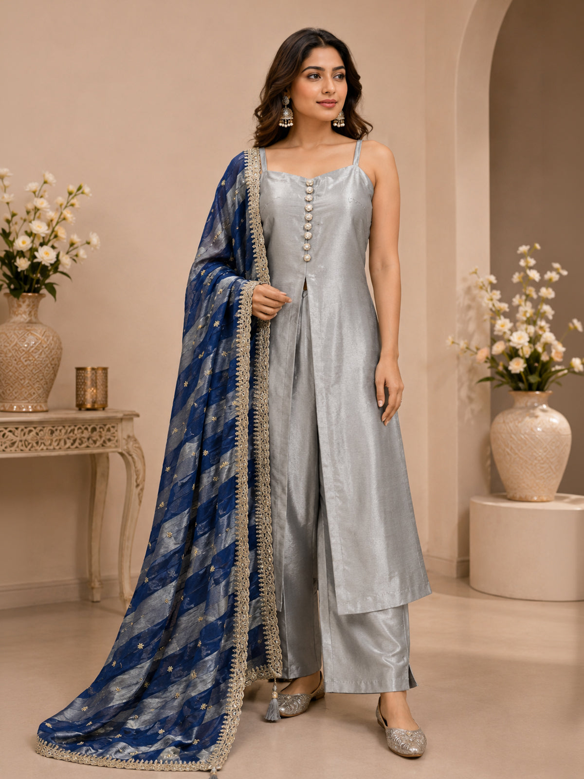 Radiant silver festive palazzo suit for women
