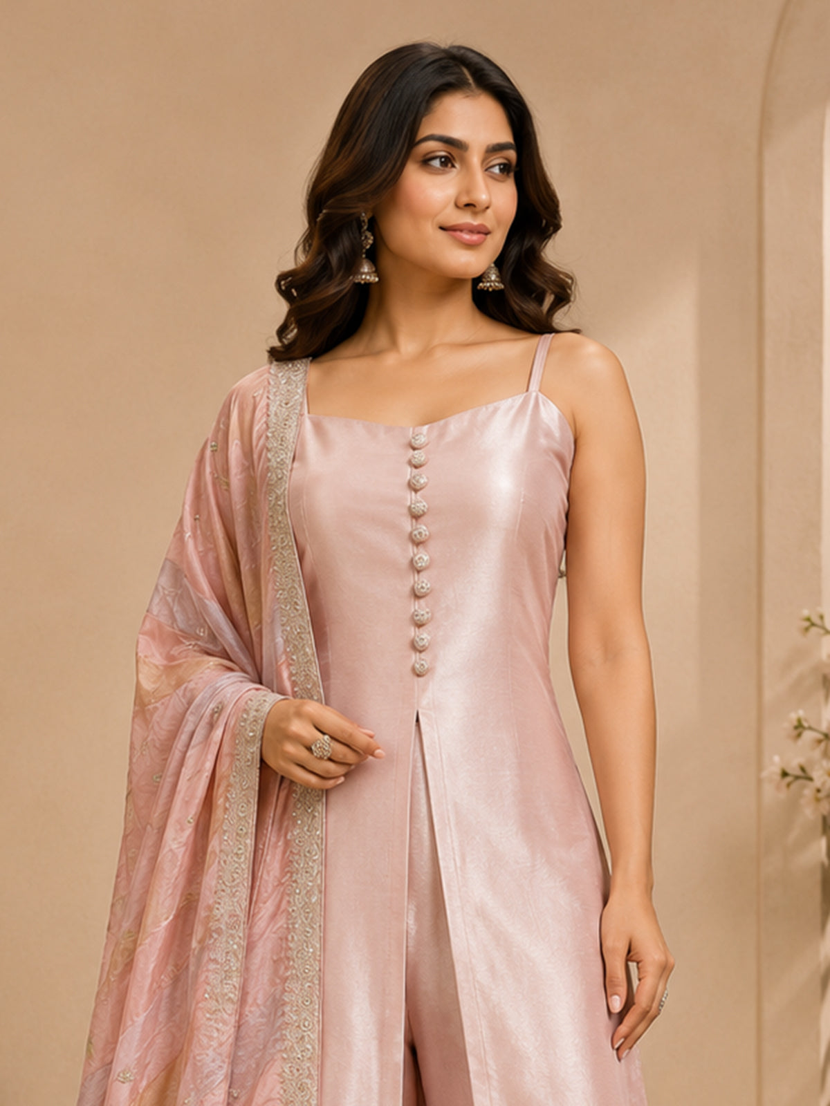 Opulent blush pink designer palazzo suit for women
